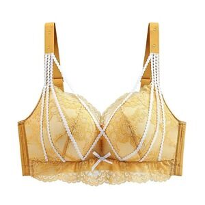 Women's Plus Size 38/85E Yellow Floral Lace Wireless Bra, Full Coverage, Comfor